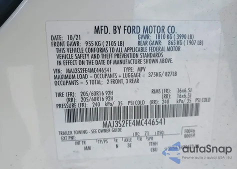 2021 Ford Ecosport S z USA, uszkodzony, nr VIN MAJ3S2FE4MC446541
